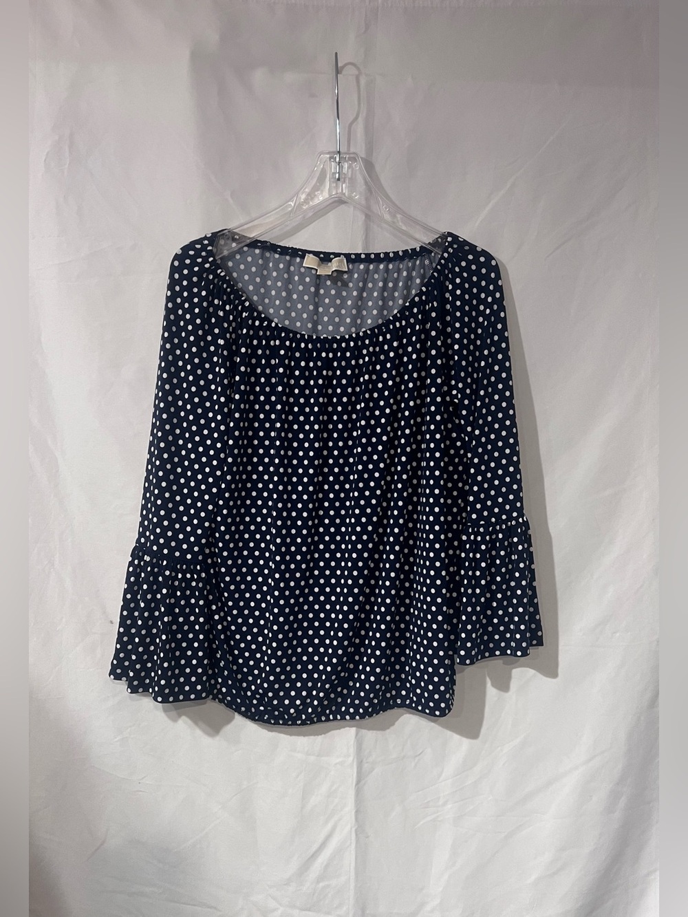 Michael Kors Navy and White Polka Dot Blouse with Bell Sleeves